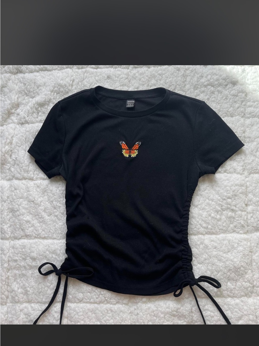 SHEIN Black Short Sleeve Tee with Orange Butterfly Embroidery